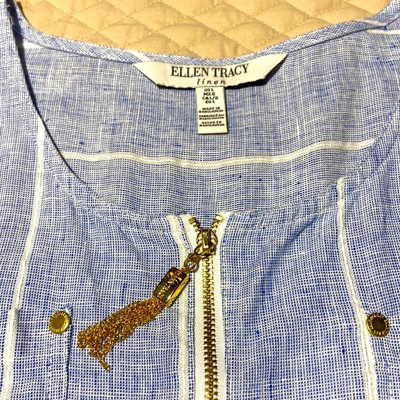 Ellen Tracy Washable Linen Tunic. Blue & White. Large. Like New. - Picture 4 of 7